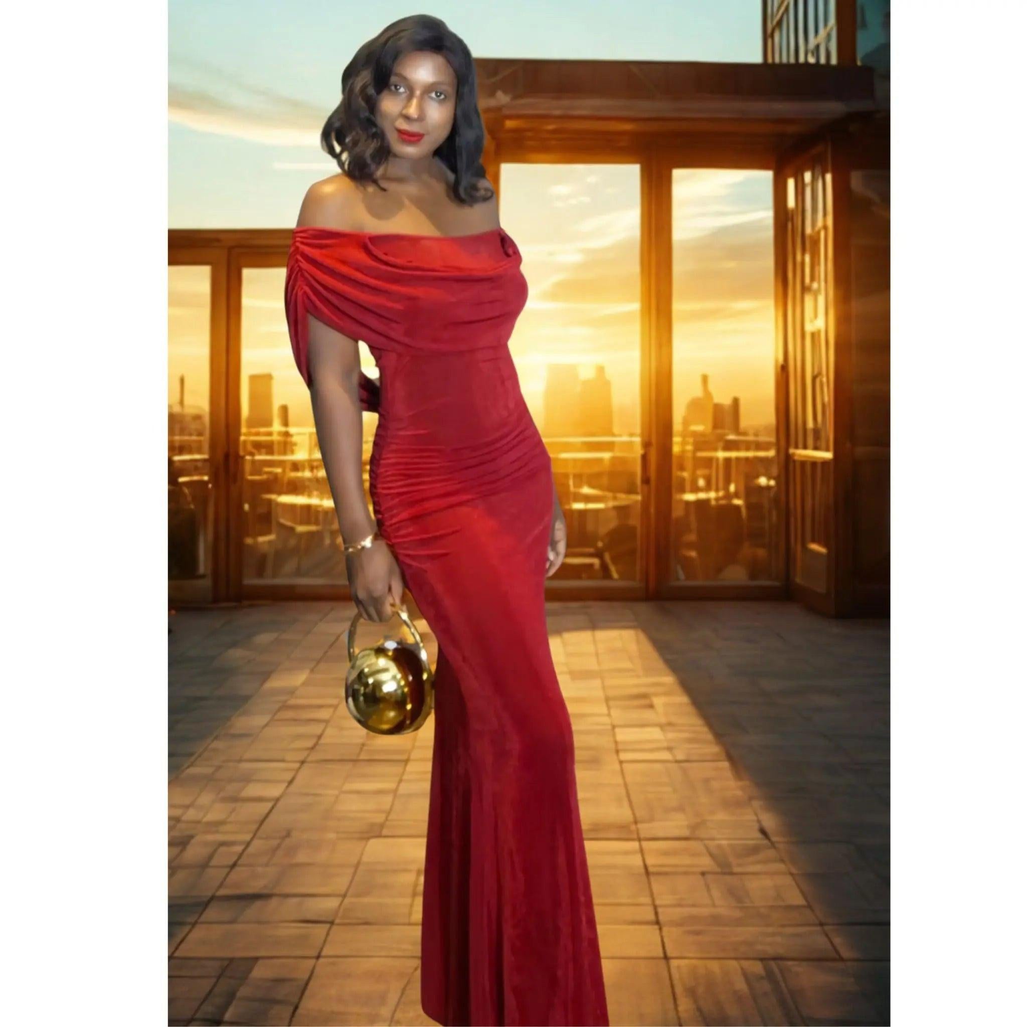 Ruby Red Off-Shoulder Maxi Dress - Elegant Evening Gown | FashionbyVLouis Ruby Red Off-Shoulder Maxi Dress - Elegant Evening Gown | FashionbyVLouis